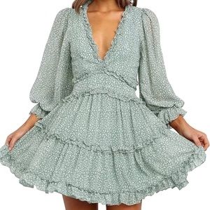 Deep V Neck Ruffle Long Sleeve Floral Print Mini Dress